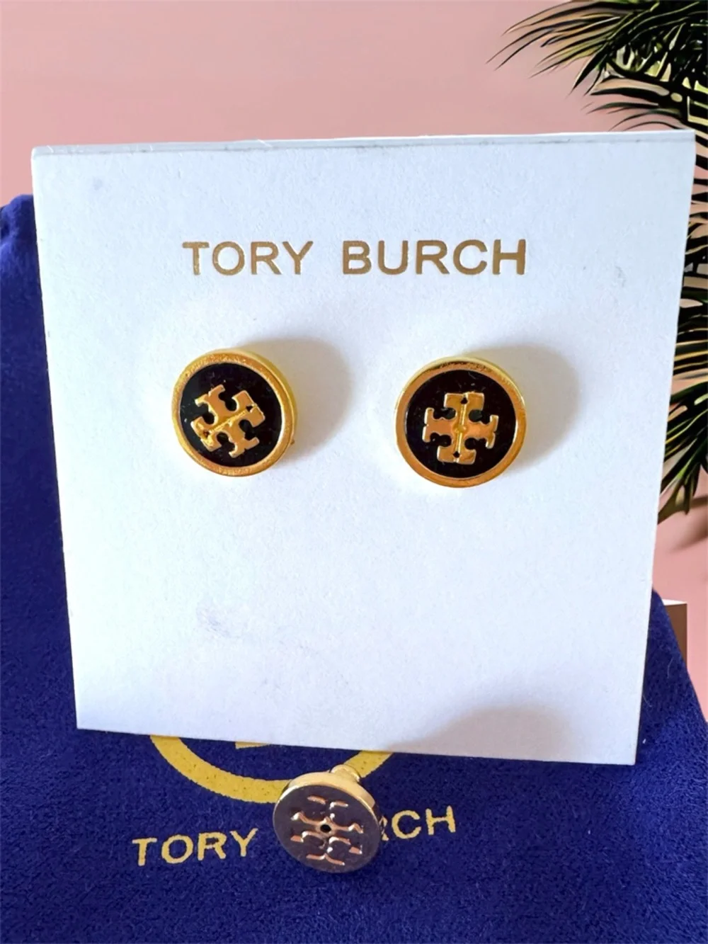 Tory Burch Black and Gold Logo Round Stud Earrings